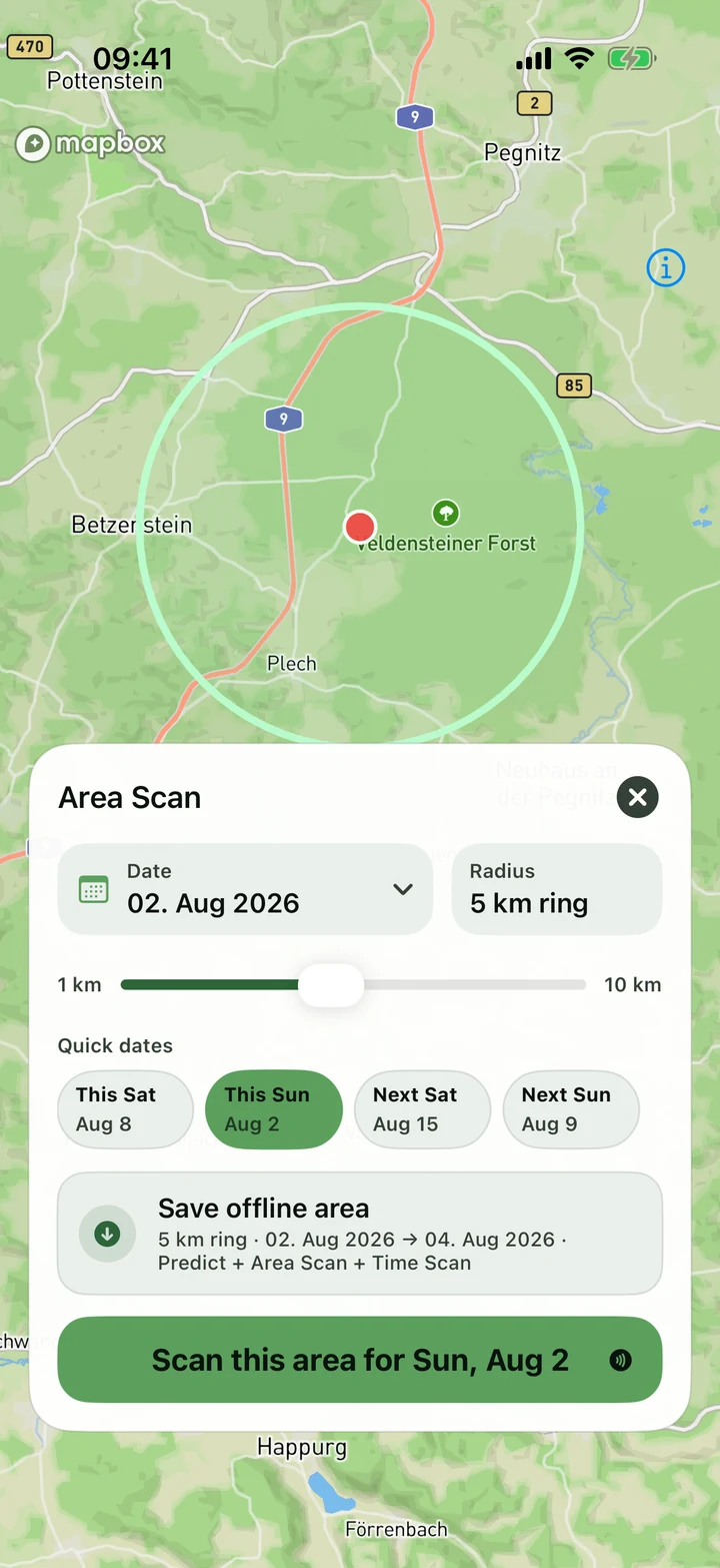 Boletar Area Scan planner with date, radius, quick dates, and offline area controls