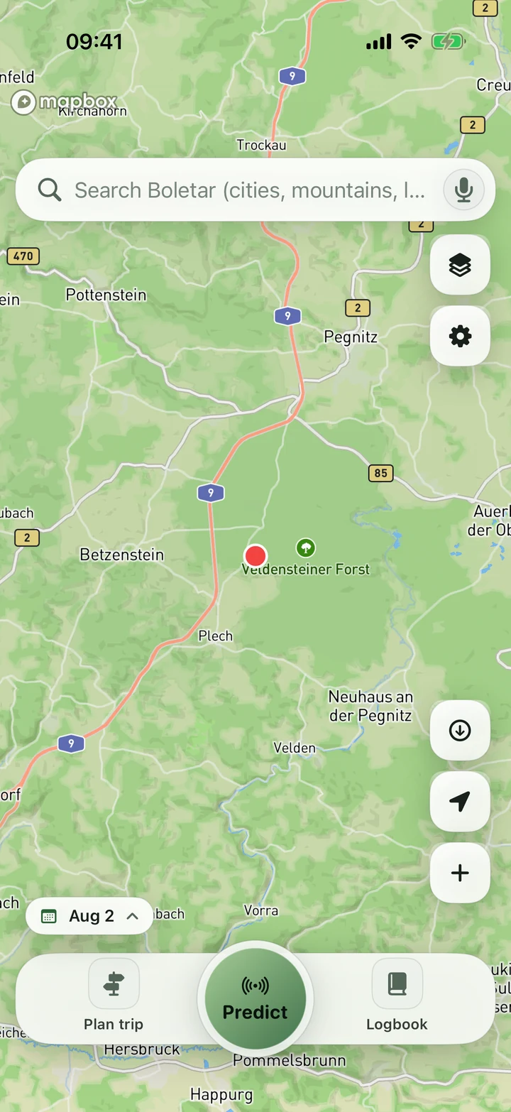 Boletar Radar map with search, date, Predict, Area Scan, Time Scan, Logbook, and Settings