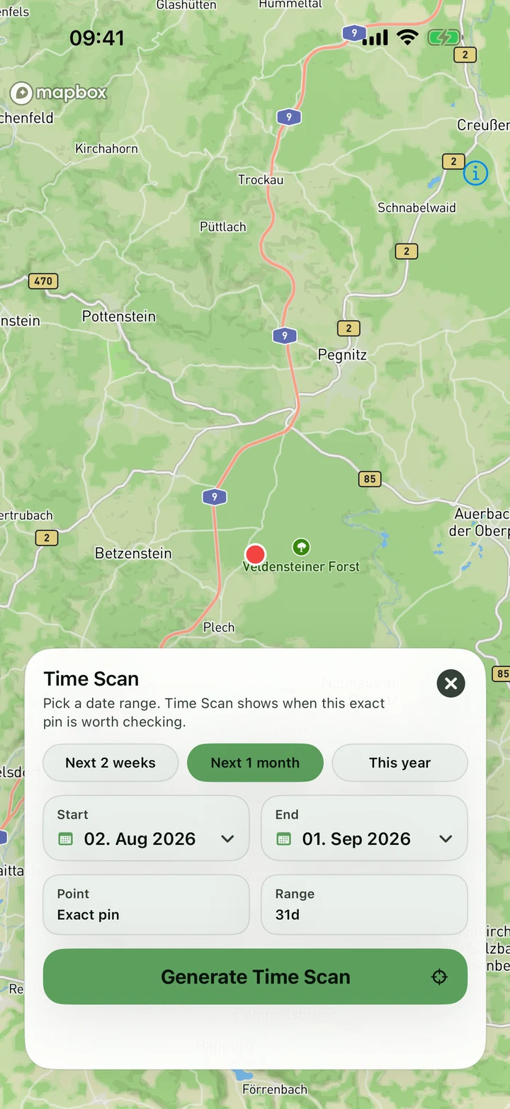 Boletar Time Scan planner comparing date windows for one exact pin