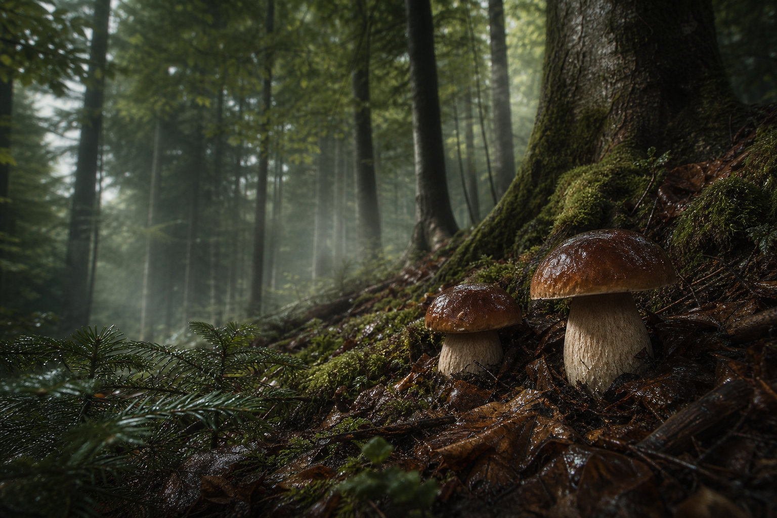 Porcini mushrooms growing on a wet forest floor